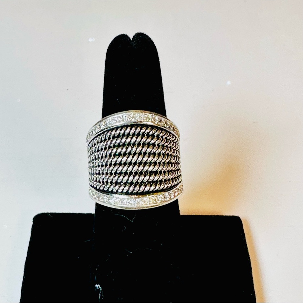 Sterling Silver Wide Braided Cable Ring with Black Oxidized Detail